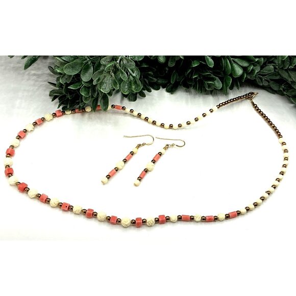 Handmade Beaded Necklace and Earring Set - Coral Cream and Gold Tones - Picture 3 of 6